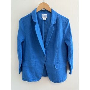 H Halston Blue 100% Linen Long Sleeve One Button Blazer Coat Jacket Size M